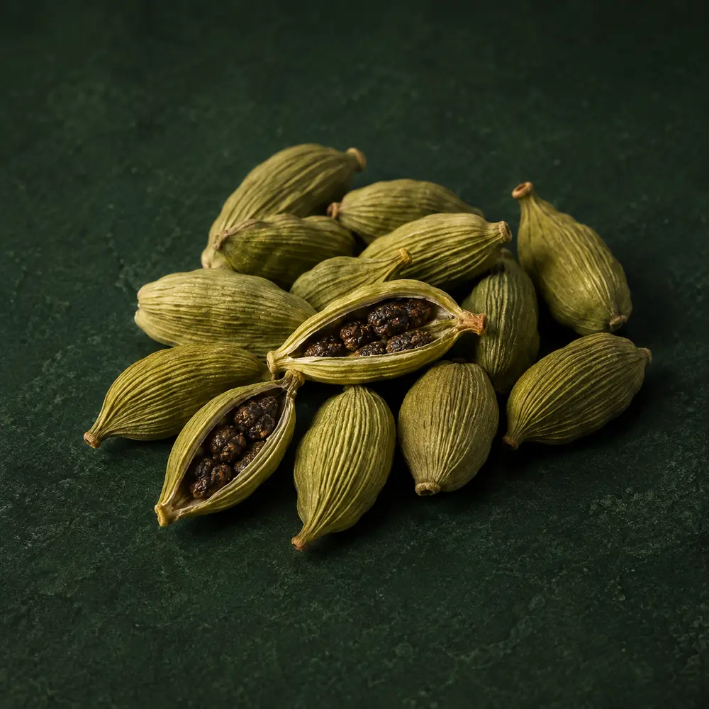 Whole green cardamom pods with visible seeds