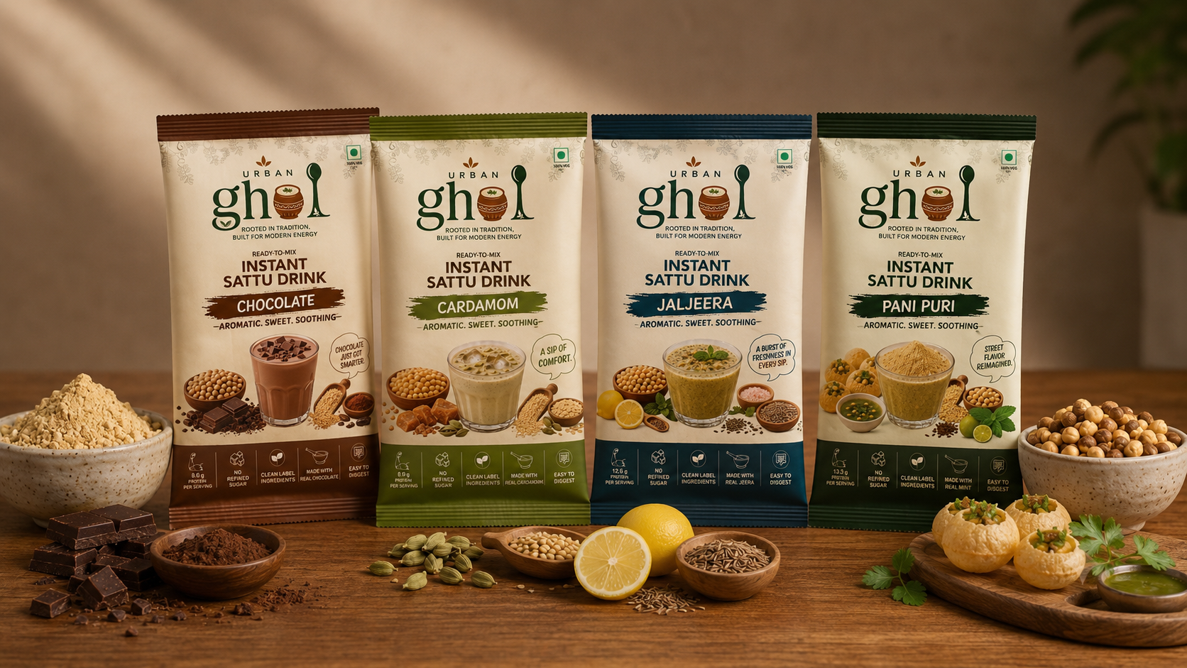 GHOL instant sattu drink packs in Chocolate, Cardamom, Jaljeera and Pani Puri flavours